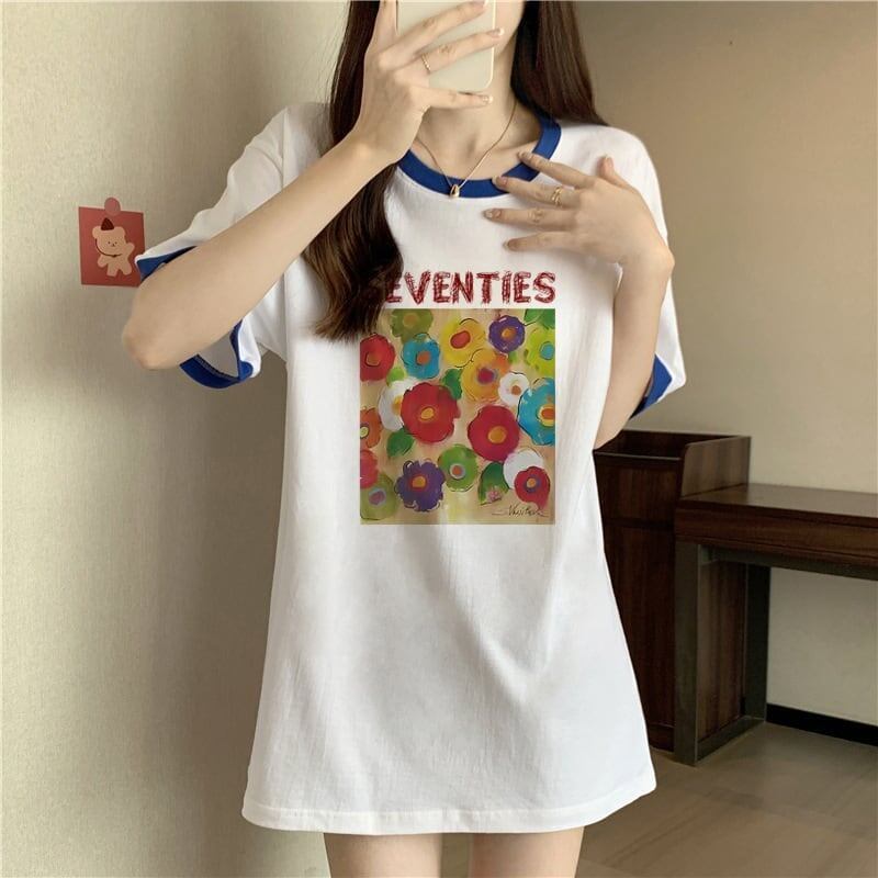 着せ 配色 プリント ロング Tシャツ 四色 ゆったり半袖 ＜S-3019＞