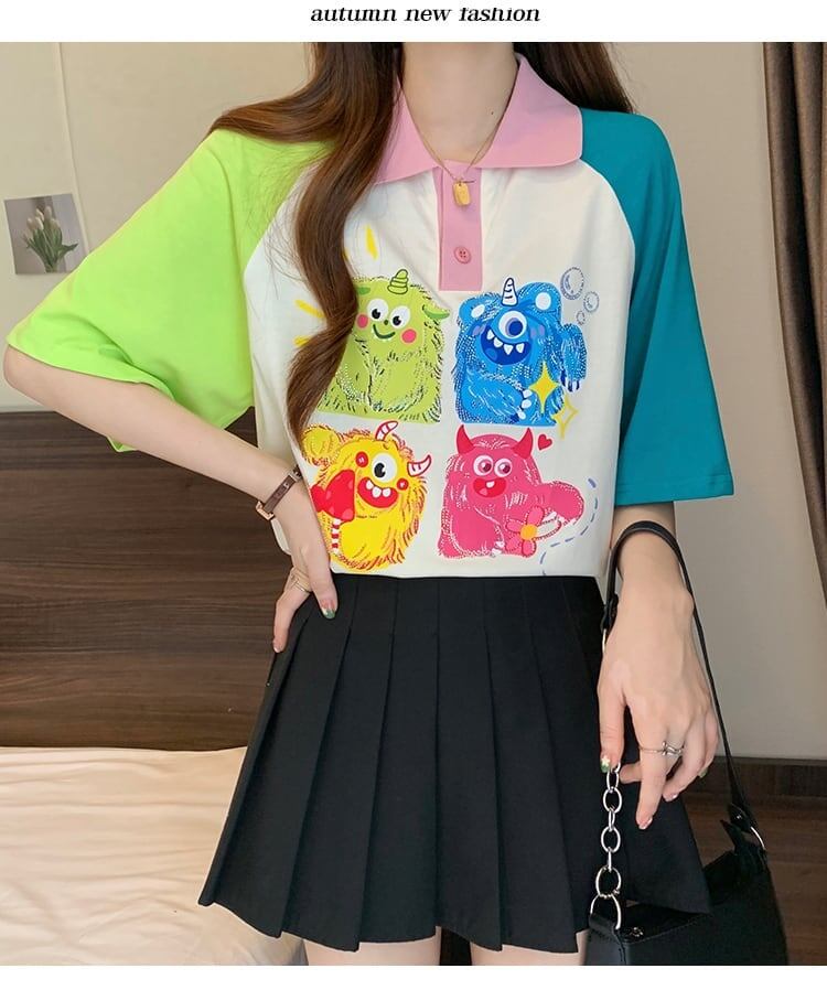 元気いっぱい カラーマッチング POLOネック プリント Tシャツ 半袖 ＜S-2979＞