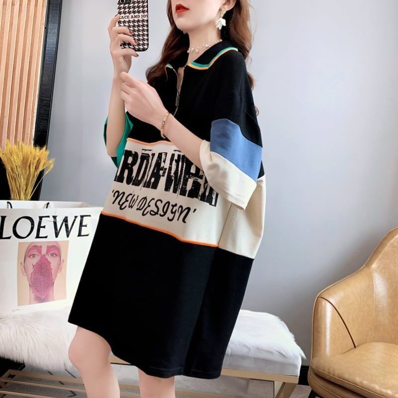 韓国系 切り替え POLOネック ファスナー ロング Tシャツ 二色 ゆったりワンピース ＜S-3015＞