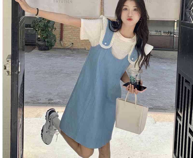 美人度アップ デニム 大人可愛い 全2色 半袖Tシャツ+サスペンダースカート セット<S-8782>
