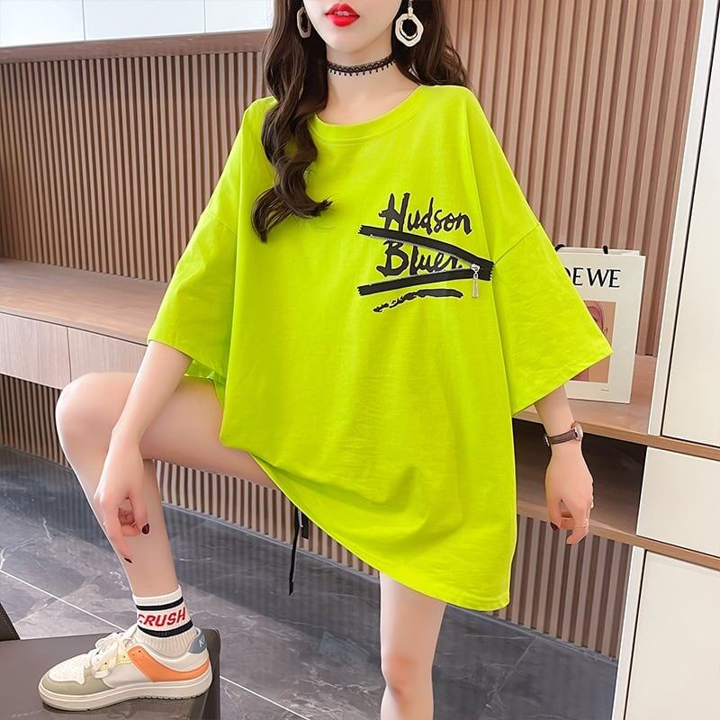 【人気商品再入荷！】   デザイン個性ゆったりミドル丈半袖Tシャツ<S-3036>