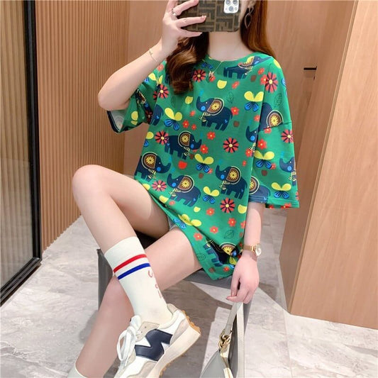 キラキラ大人気！西洋風漫画象プリント半袖Tシャツ<S-2932>
