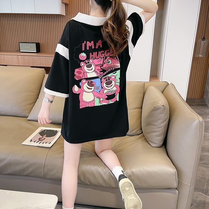 POLOネック 切り替え 熊柄 ロング プリント Tシャツ 二色 ゆったりワンピース ＜S-3020＞