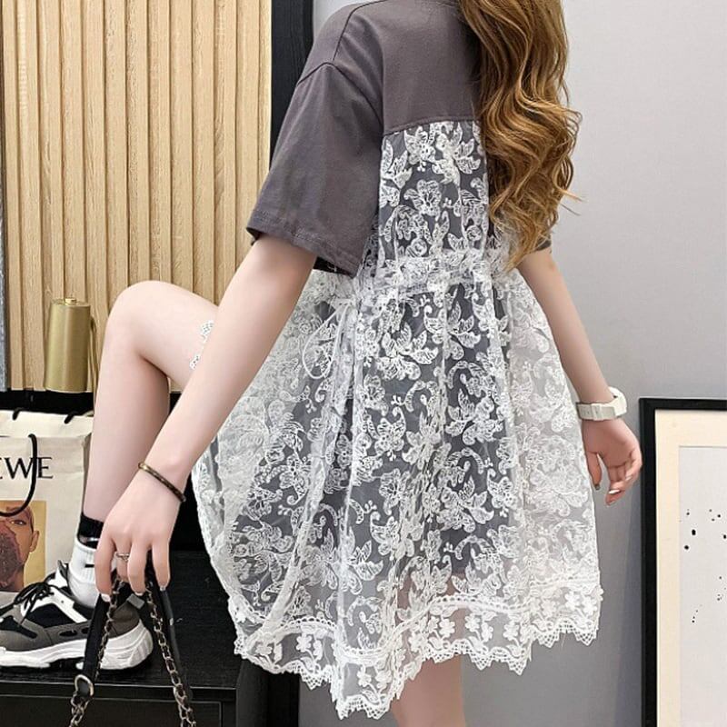女子マスト 切り替え レース ゆったり 着?せ ハイウエスト 半袖 ワンピース ＜S-2019＞