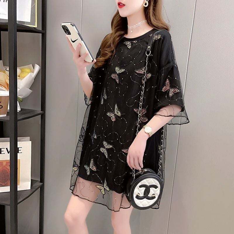 上質 レイヤード風 フェミニン チュール生地 半袖Tシャツ<S-8061>