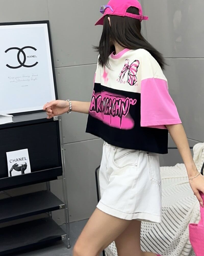 着回し力抜群 切り替え三色 韓国系 ゆったり半袖Tシャツ ＜S-8455＞