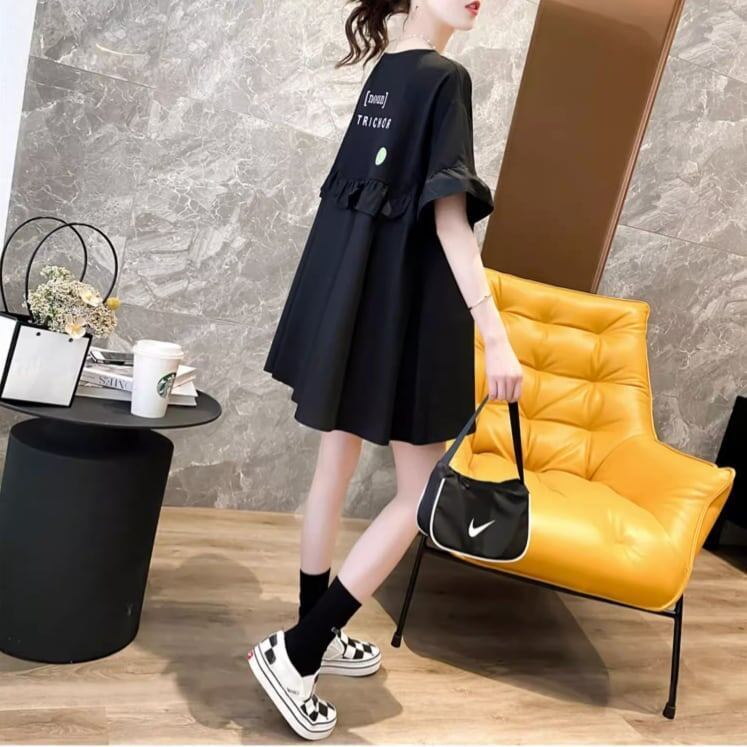 ミドル丈のイレギュラー半袖Tシャツワンピース<S-5007>