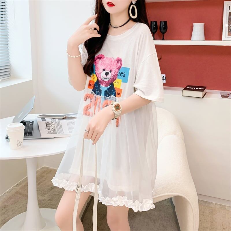 デザインセンスレースステッチフェイクツーピース半袖Tシャツワンピース<S-2964>