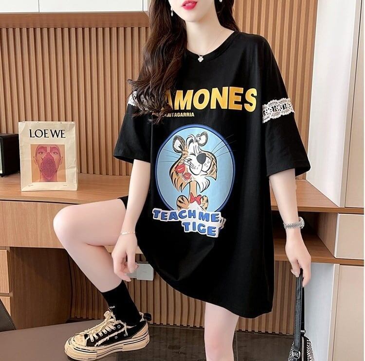 着心地良い レース切り替え リボン プリントTシャツ ゆったり半袖＜S-2889＞