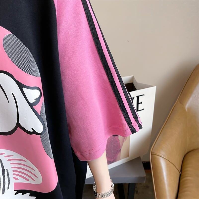 好感度UP グラフィック ストライプ柄 ラグランTシャツ ゆったり ワンピース＜S-3994＞
