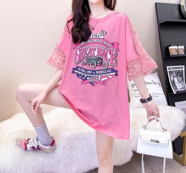 新作 プリントTシャツ ロング 半袖 ピンク＜S-2810＞