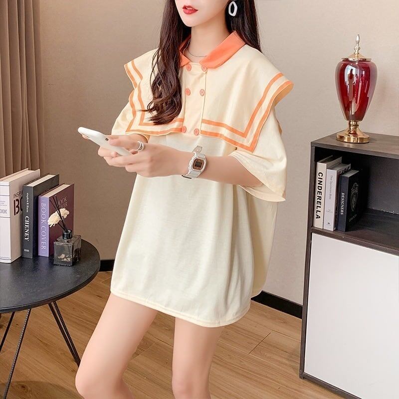 絶対欲しい ロング セーラーカラー Tシャツ 三色 ゆったりワンピース＜S-4028＞