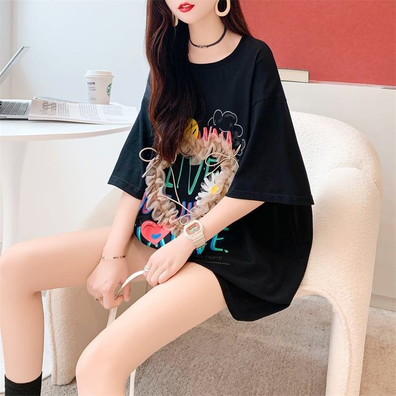 デザイン感 切り替え チャーミング プリント Tシャツ カットソー＜S-3529＞
