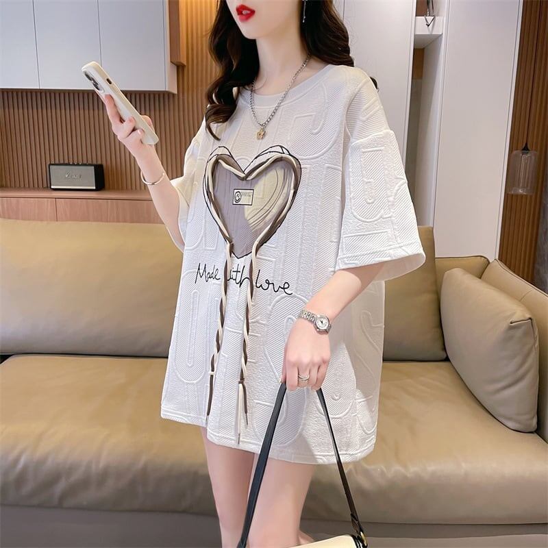 着心地良い ハート 立体風 プリントTシャツ 三色 ゆったり半袖＜S-2933＞