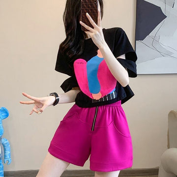 着回し力抜群 上質 好感度UP プリント 半袖Ｔシャツ ショートパンツ セットアップ <S-8859>