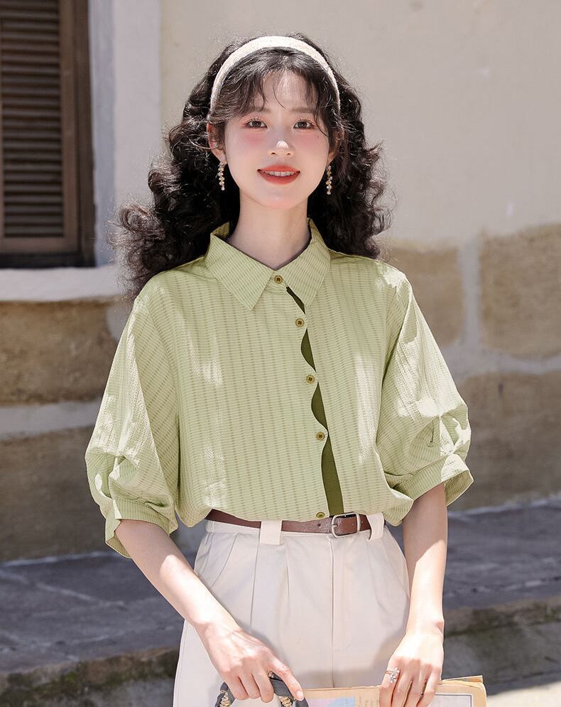 好感度UP 上質 美人度アップ 知的 ストライプ柄 3色選択 半袖シャツ＜S-9047＞
