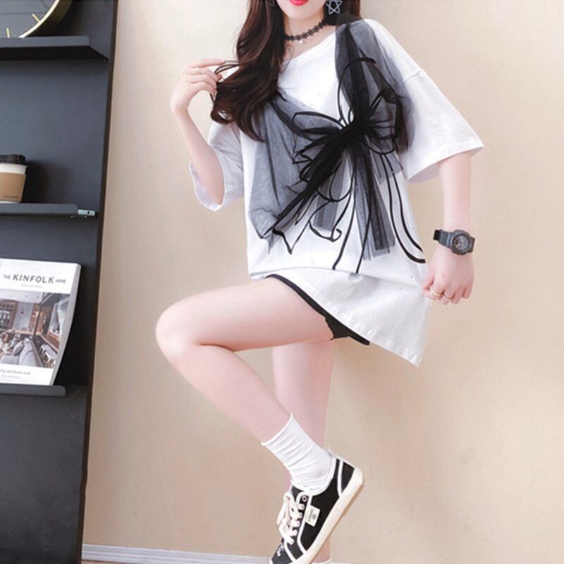 美人度アップ リボン スウィート プリント全2色 半袖Tシャツ<S-8726>