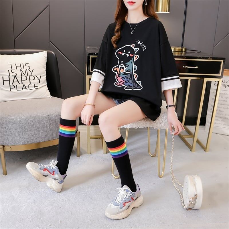 合わせやすい アルファベット ラウンドネック プリントTシャツ ゆったり ワンピース＜S-3992＞