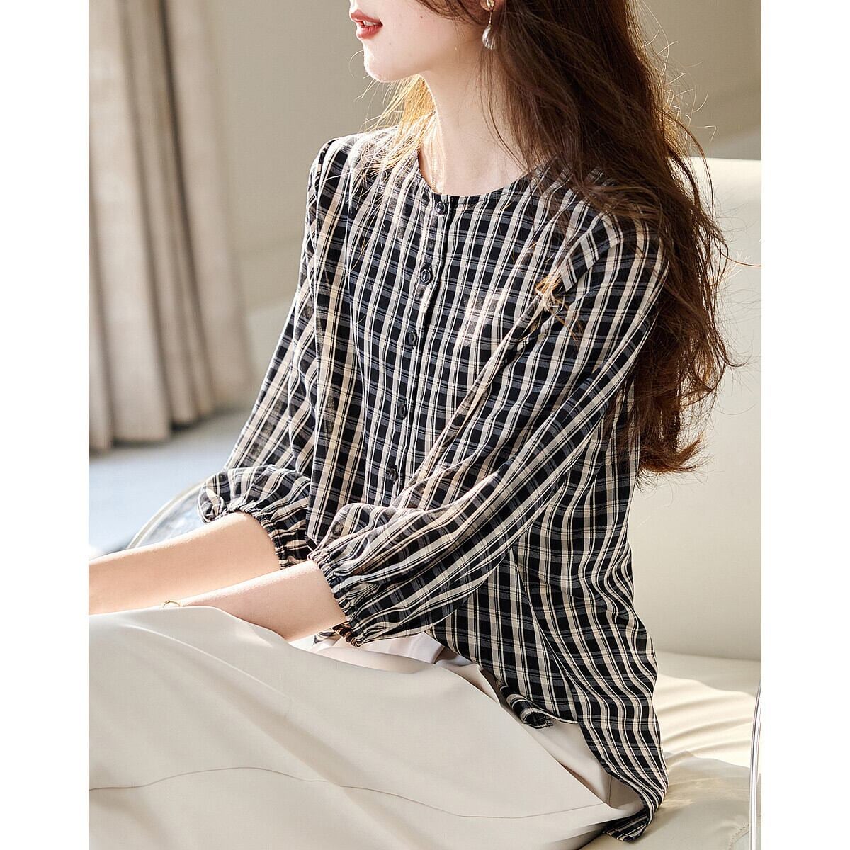 定番シンプル エレガント ゆったり感アップ チェック柄 Tシャツ カットソー＜S-8368＞