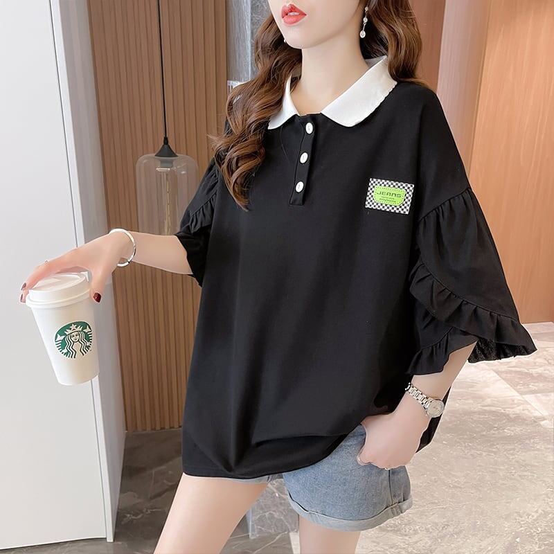 おすすめ POLOネック シンプル フリル ロング Tシャツ 三色 ゆったり半袖 ＜S-3055＞