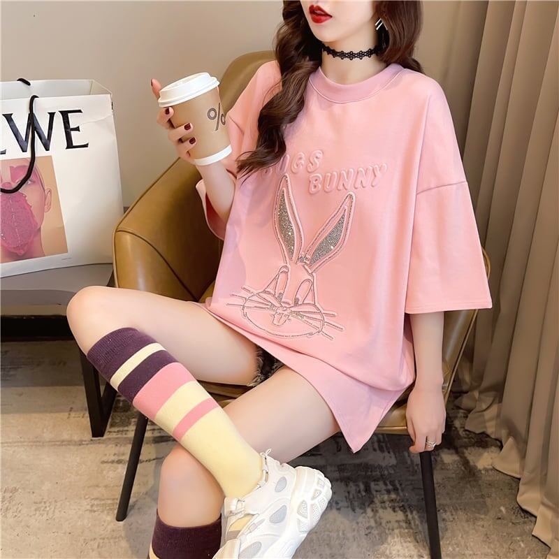 美人度アップ ウサギ ビジュー ロング Tシャツ 三色 ゆったり半袖＜S-2945＞