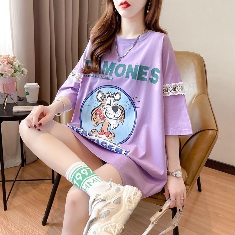新商品 プリント ファッション ゆったり 全4色 半袖 Tシャツ＜S-11493＞