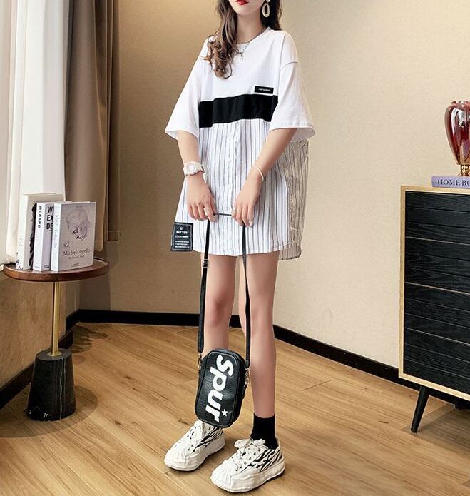 超人気 切り替え ストライプ柄 ラウンドネック プリント全2色 半袖Tシャツ<S-8741>