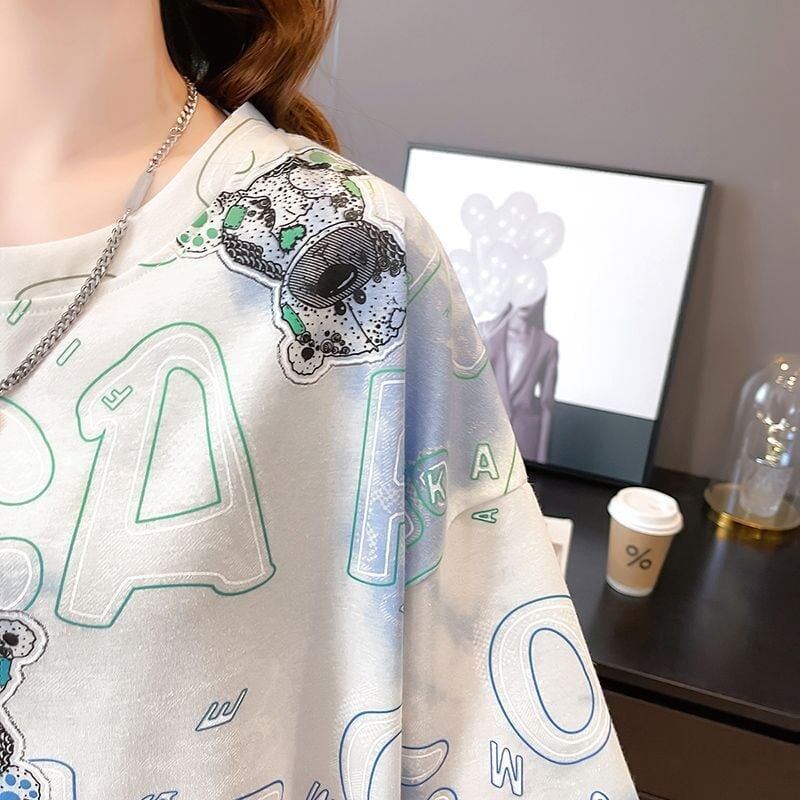 大好評 絞り染め クマ柄 ロング Tシャツ ゆったり半袖 ＜S-3990＞