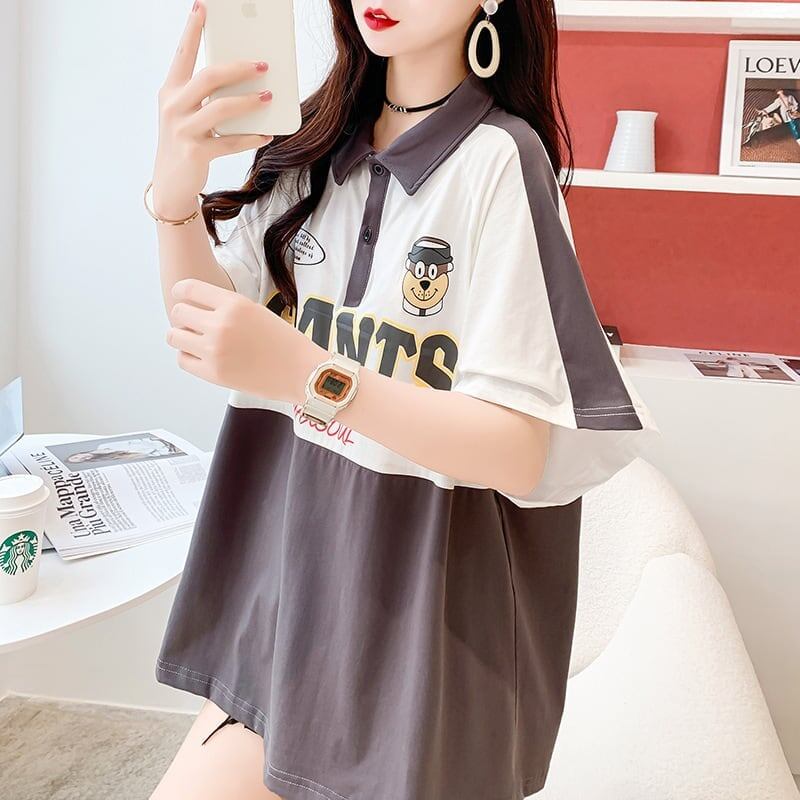 ファッションカジュアルネットレッドルーズポロカラー半袖Tシャツ<S-2856>