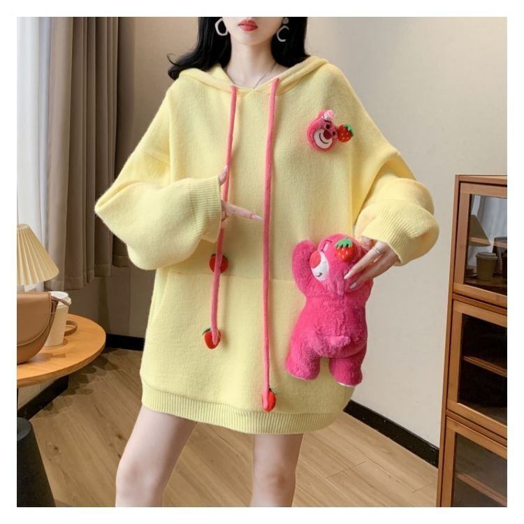 カワイイクマちゃんぬいぐるみ付きニットフード付きパーカ全4色<4537>