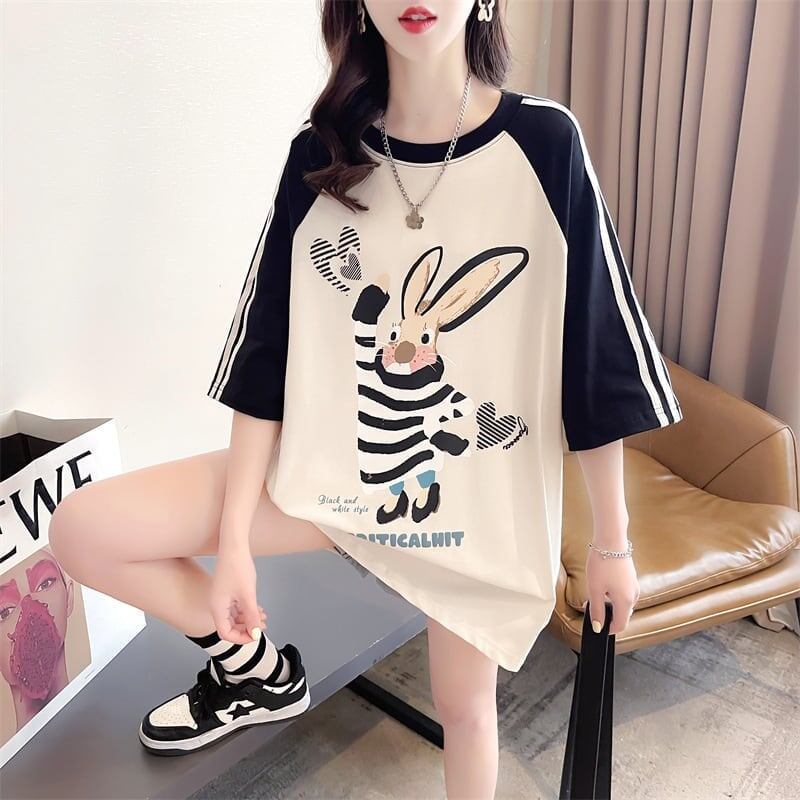 大活躍 ラグランTシャツ カラーマッチング ウサギちゃん 配色 プリント半袖 ＜S-3016＞