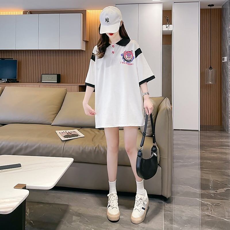 POLOネック 切り替え 熊柄 ロング プリント Tシャツ 二色 ゆったりワンピース ＜S-3020＞