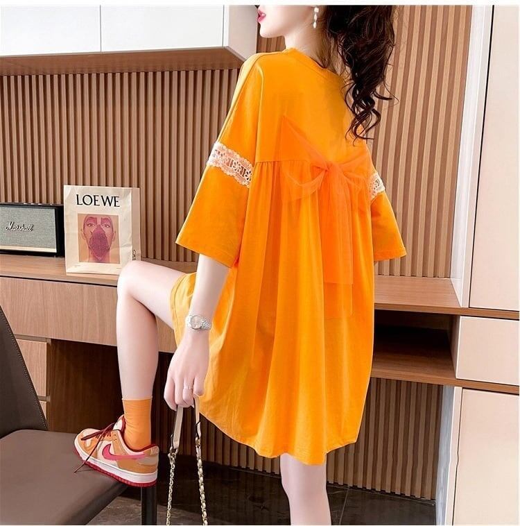 着心地良い レース切り替え リボン プリントTシャツ ゆったり半袖＜S-2889＞