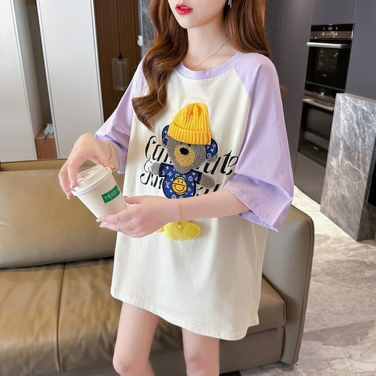 大注目 ラグランTシャツ カラーマッチング クマちゃん アルファベットプリント半袖 ＜S-2970＞