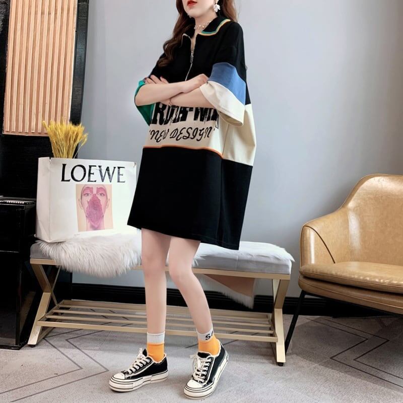 韓国系 切り替え POLOネック ファスナー ロング Tシャツ 二色 ゆったりワンピース ＜S-3015＞