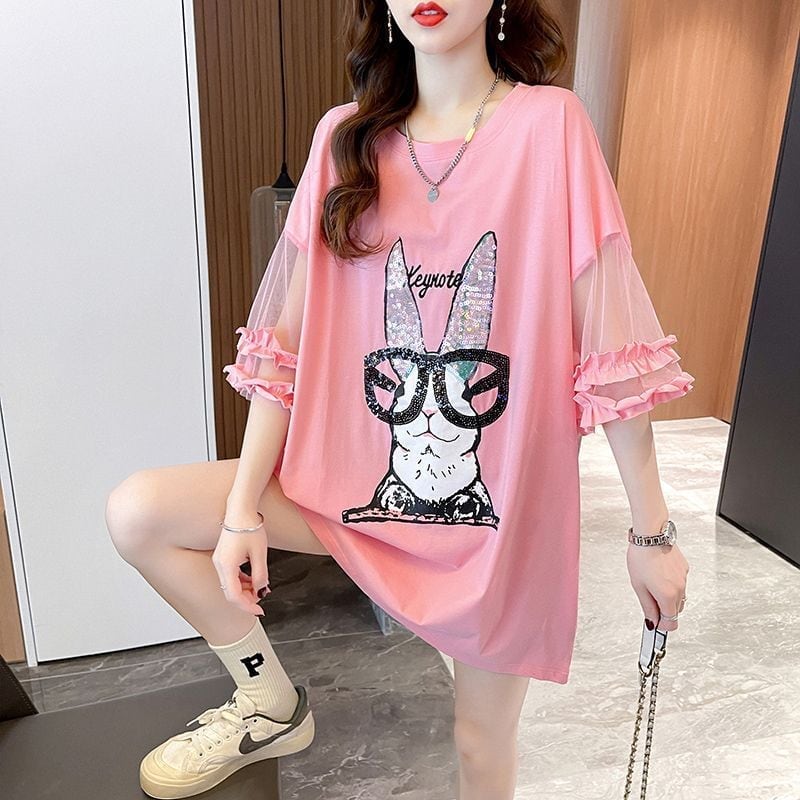 着回し力抜群 チュール 新作 切り替え ピンク プリント スパンコール プリント全3色 半袖Tシャツ カットソー ＜S-8557＞