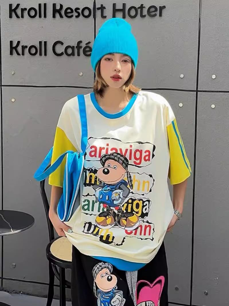 話題沸騰中 ゆったり カジュアル プリント カラーマッチング 半袖Tシャツ＜S-8067＞