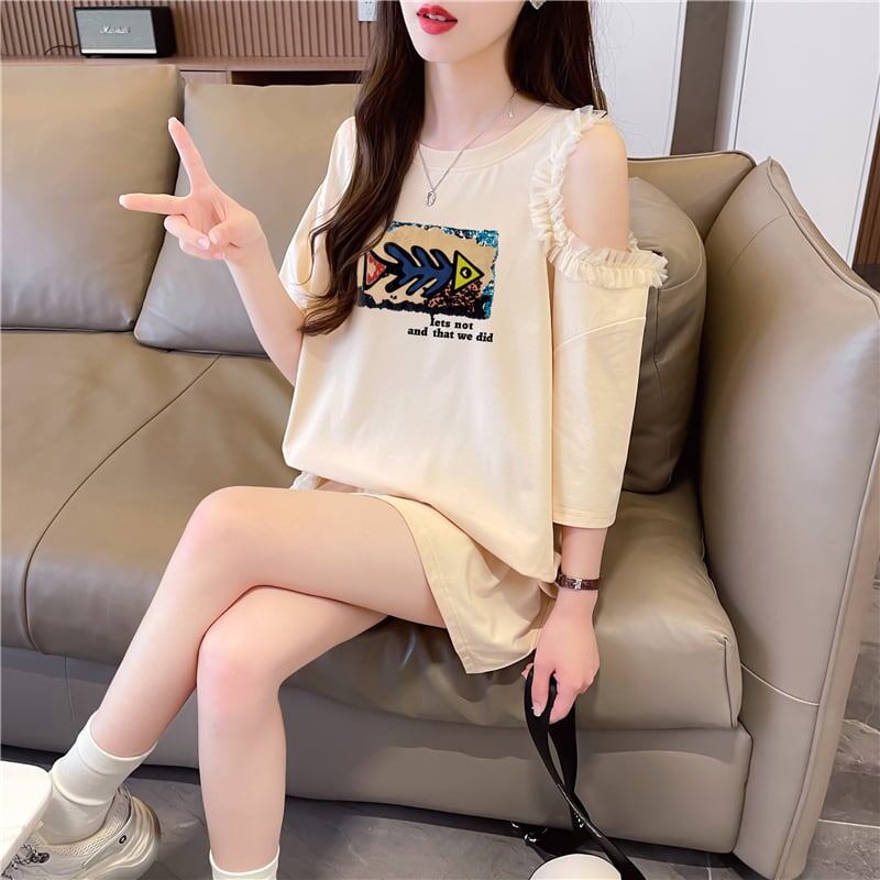 おしゃれ度高め レース 美人度アップ 切り替え プリント全4色 Tシャツ カットソー＜S-9213＞