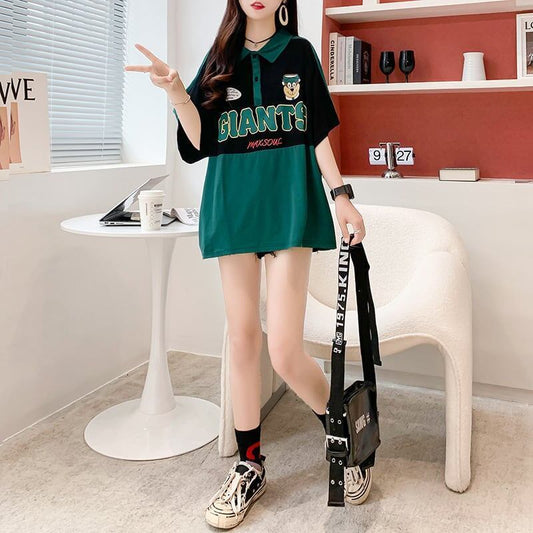 ファッションカジュアルネットレッドルーズポロカラー半袖Tシャツ<S-2856>