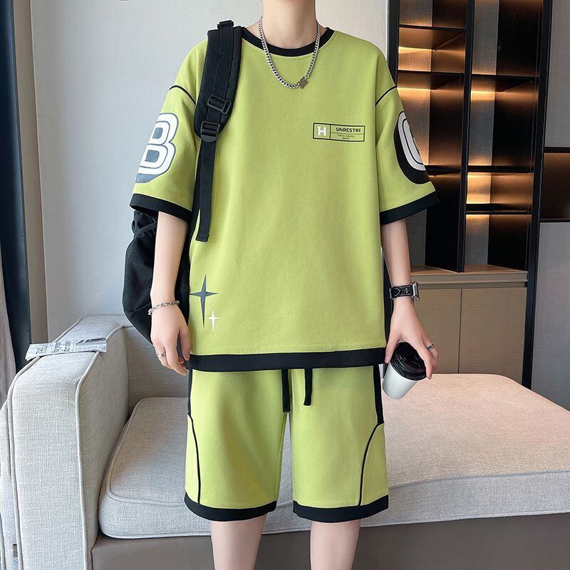 早い者勝ち カジュアル ファッション 切り替え 全3色 半袖Ｔシャツⅹパンツセット<S-8950>