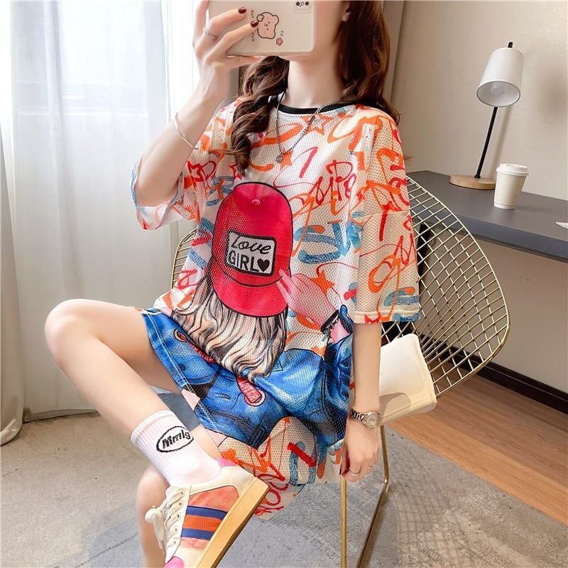 おしゃれ度アップ ロング 落書きストレート系 Tシャツ ゆったり ワンピース＜S-2995＞