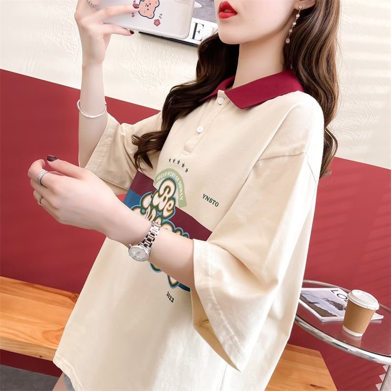 スタイルアップ グラフィック POLOネック ドロップショルダーTシャツ ゆったり半袖 ＜S-3048＞