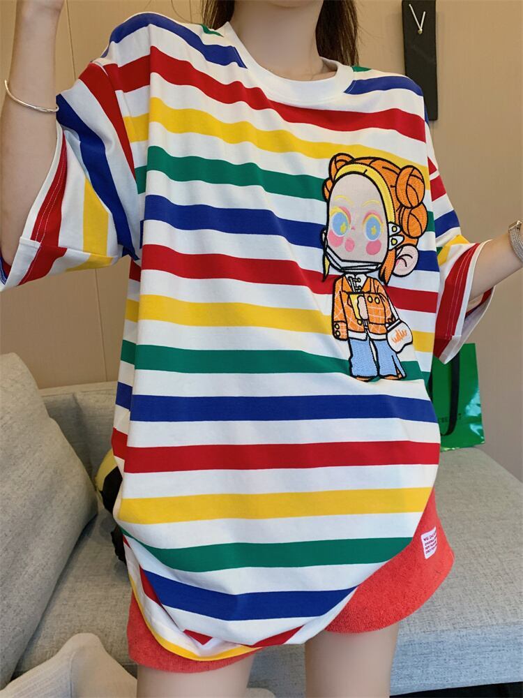 売り切れ必至 トレンドアイテム 存在感抜群 ストライプ柄 半袖Tシャツ<S-9270>