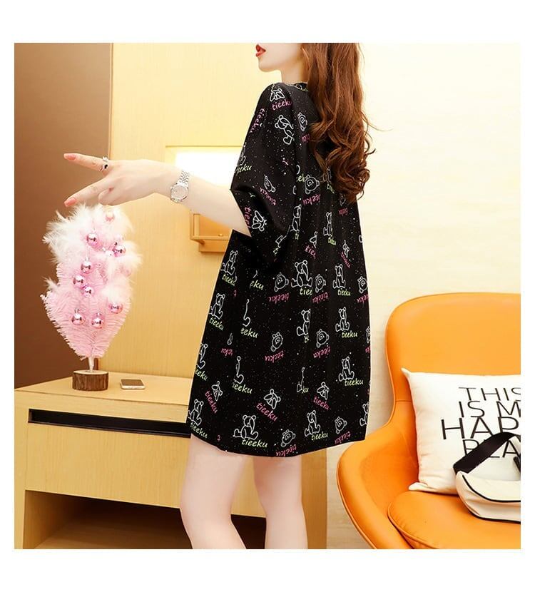 大活躍 プリント 熊柄 Tシャツ ラウンドネック ゆったり半袖＜S-3004＞