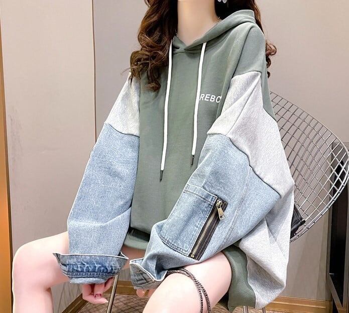 特別デザイン韓国系ゆったり切り替えデニムフード付きスウェット＜S-1592＞