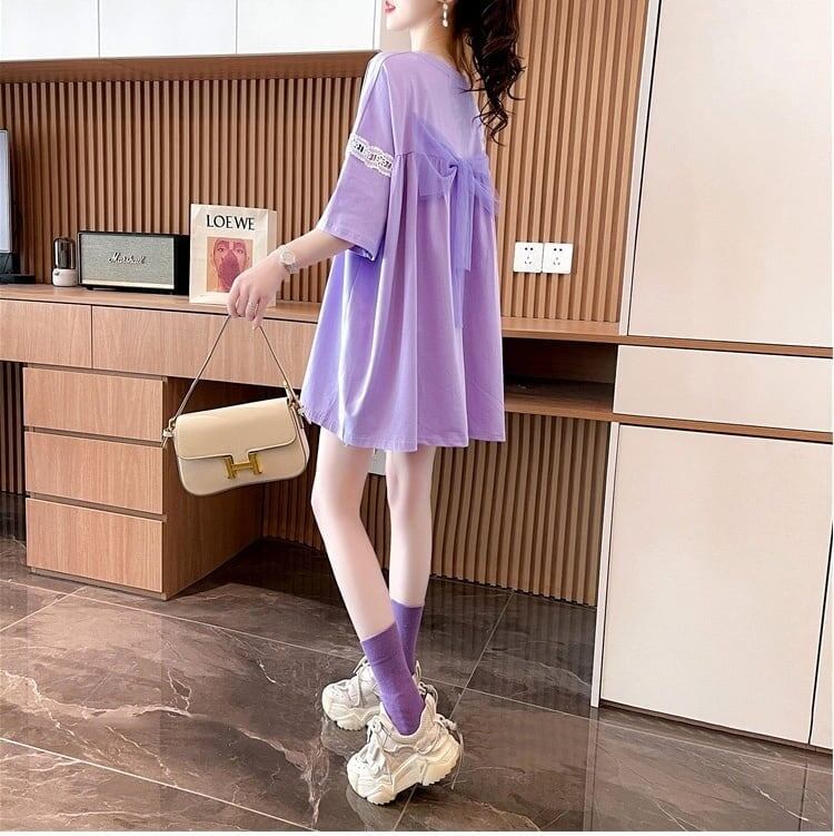 着心地良い レース切り替え リボン プリントTシャツ ゆったり半袖＜S-2889＞