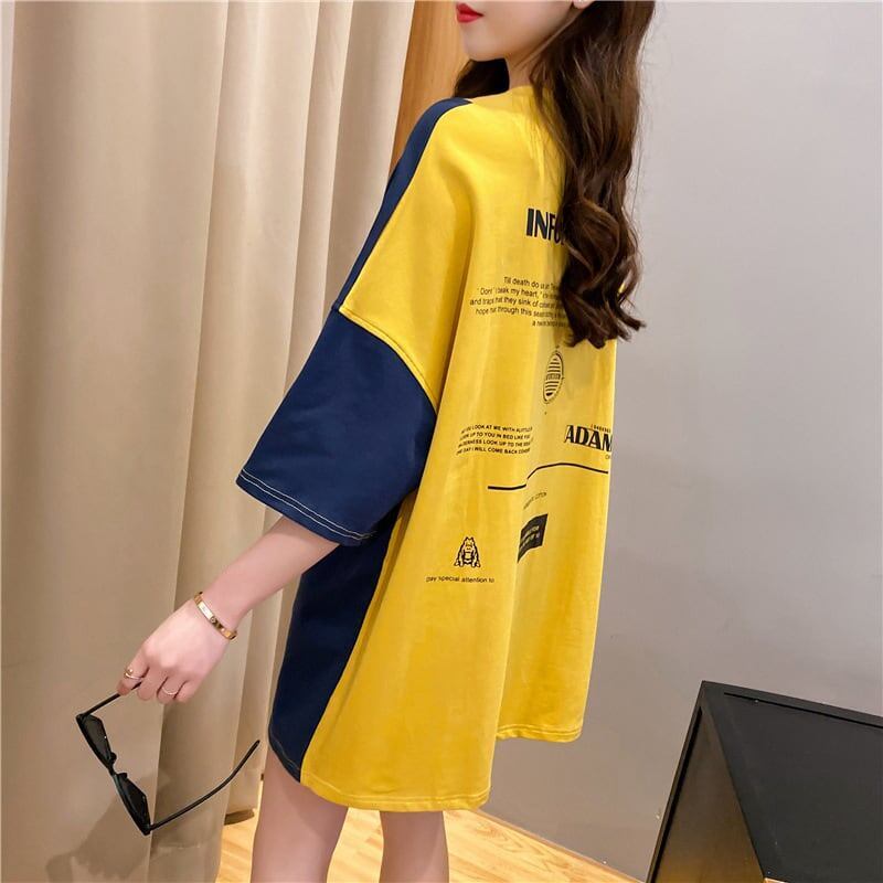 韓国系配色切り替えロングゆったり三色半袖Tシャツ＜S-1625＞