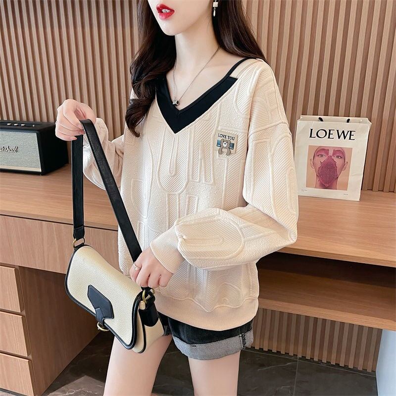 女子マスト  レイヤード風 熊柄ロゴゆったり厚手スウェット全3色トップス<S-4614>