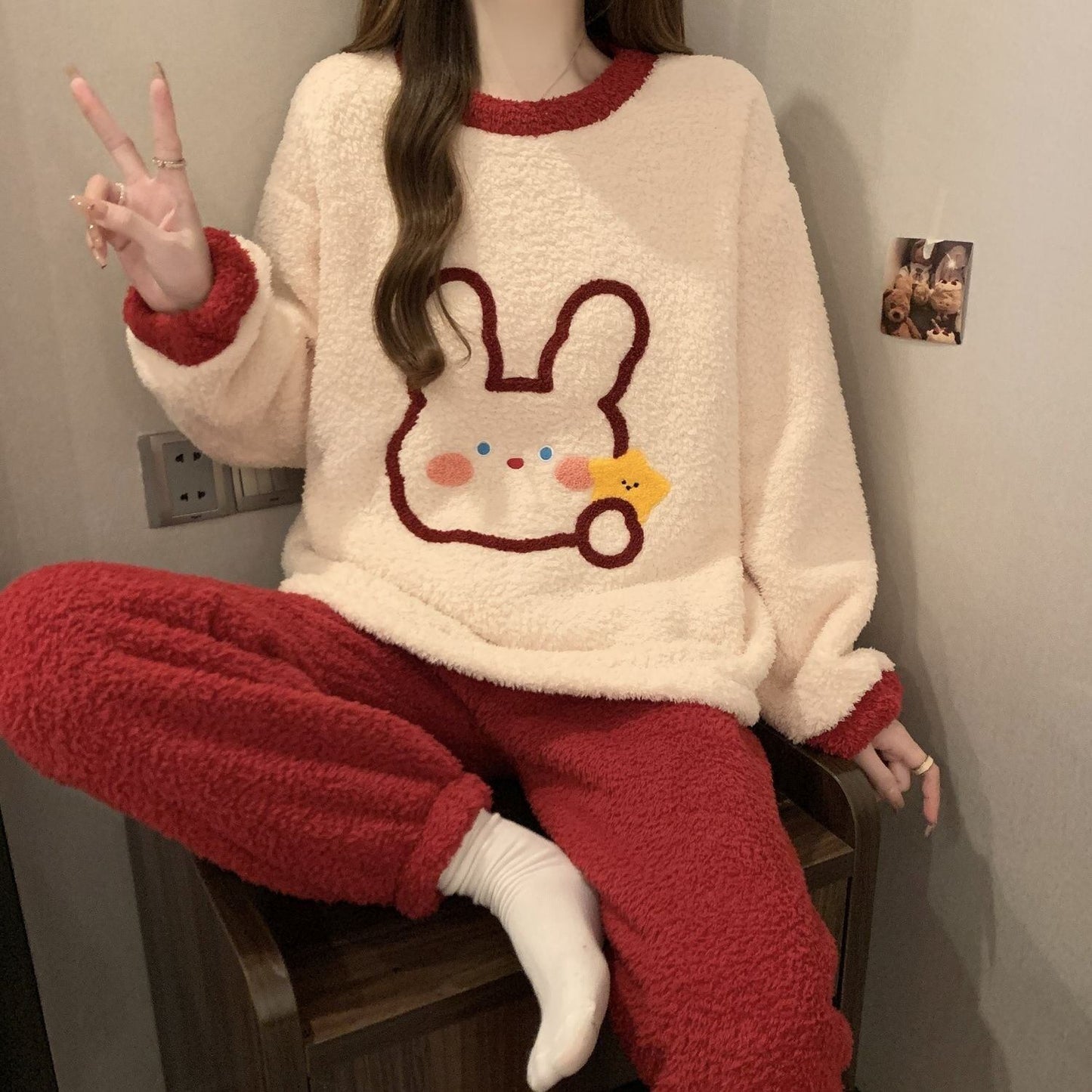 柔らかな肌触りで着心地も楽ちん！モコモコ ルームウェア 全3色 パジャマ 上下セット<S-10337>