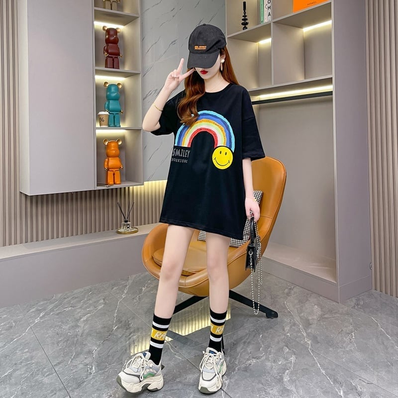 レインボースマイリーファッションオールマッチルーズ半袖Tシャツ<S-2860>